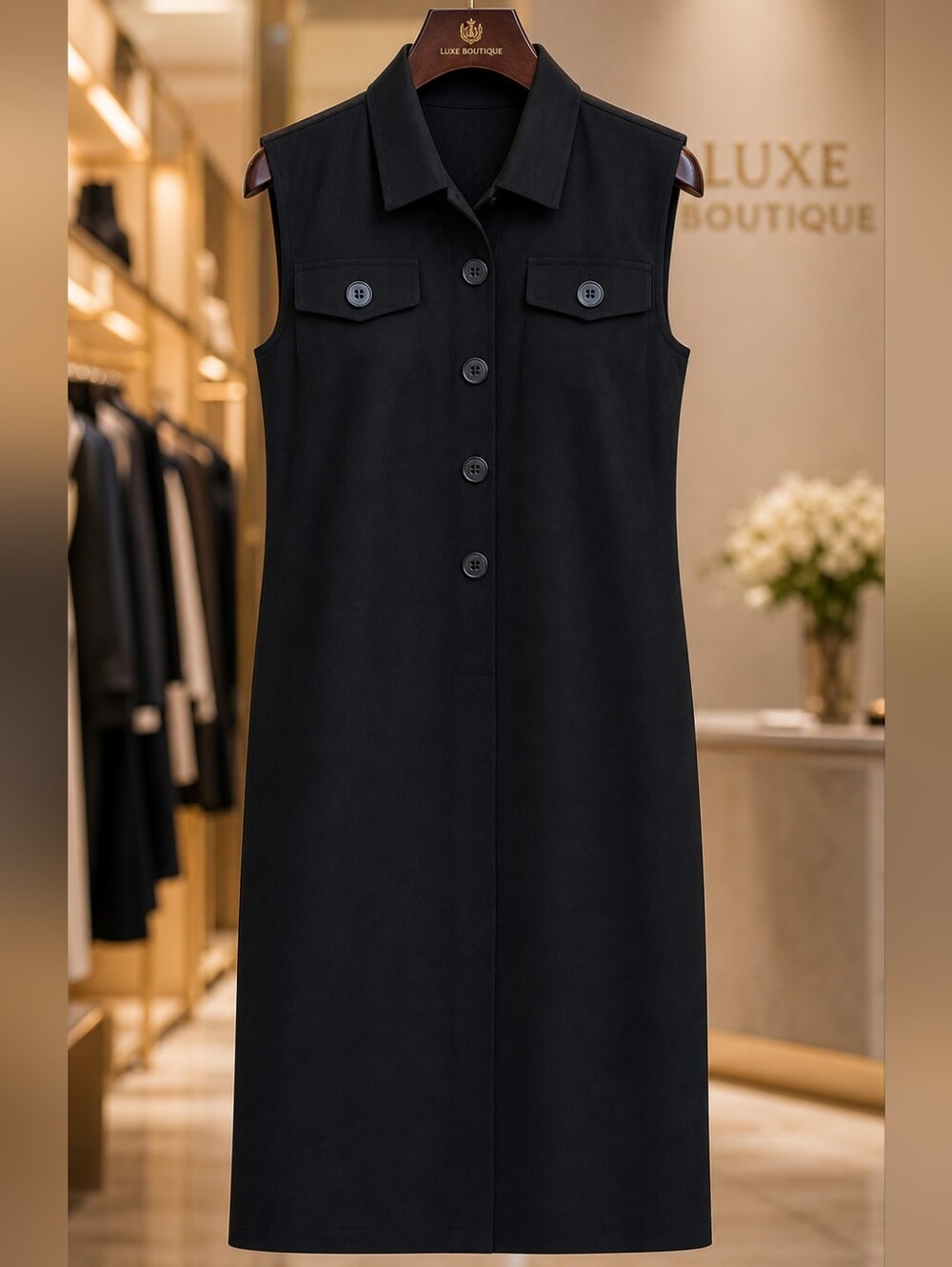 WD.NY sleeveless dress with buttons and pockets.